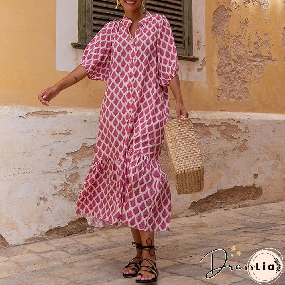 Fashion Summer Women Dress Casual Summer A Line Printed Dress Ladies Long Flared Sleeve Bohemian Beach Cover Up Sundress