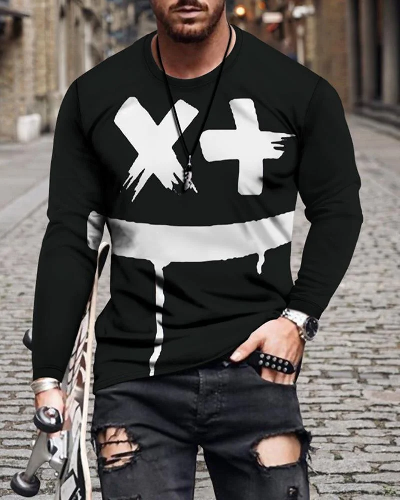 men's smiley face printing long-sleeved T-shirt