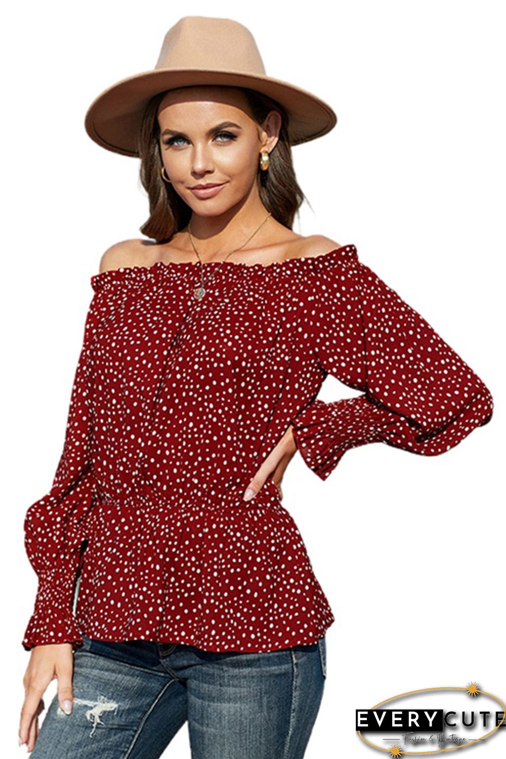 Red Polka Dot Off Shoulder Ruffle Long Sleeve Top