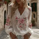 Women's Floral Embroidery Long-sleeved Linen Blend T-shirt - Image 2