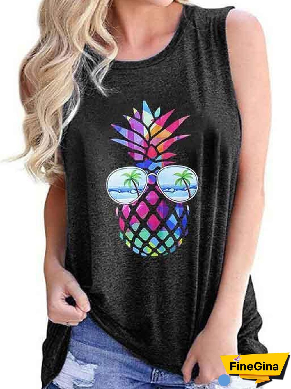 Women's Loose Sleeveless Round Neck Coloured Print T-shirt