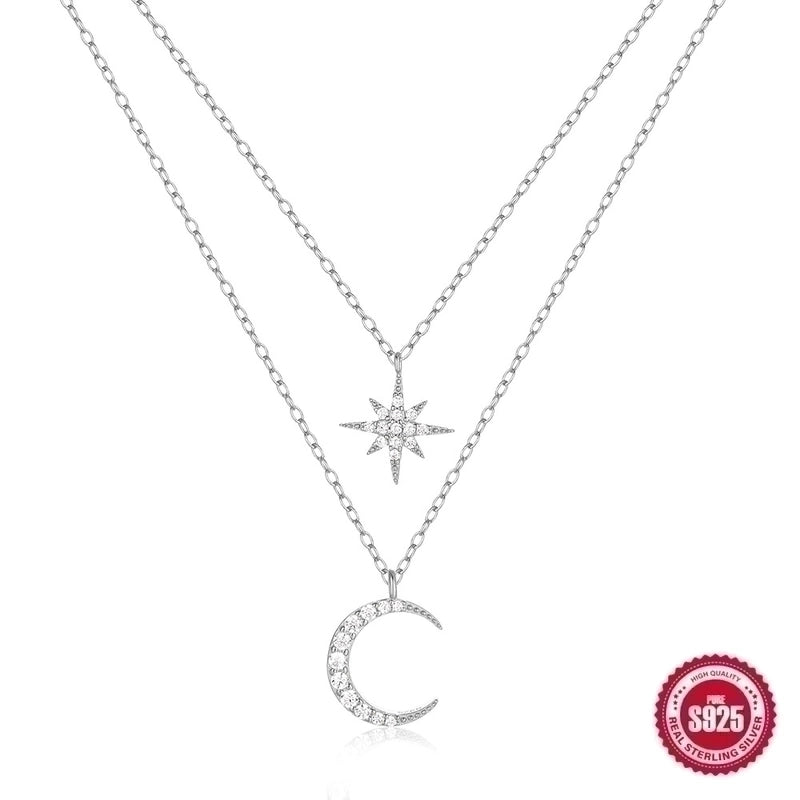 925 Sterling Silver Zircon Cable Chain Plating Inlay Star Moon Double Layer Necklaces
