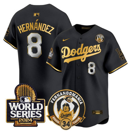 Youth Los Angeles Dodgers #8 Enrique Hernandez Black Fernando Valenzuela & 2024 World Series Patch Limited Stitched Baseball Jersey