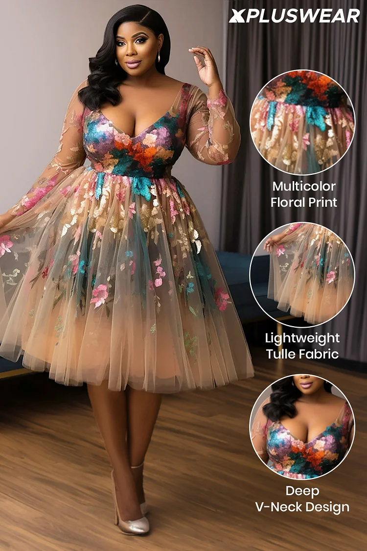 Xpluswear Design Plus Size Cocktail Party Multicolor V Neck Long Sleeve Tulle Midi Dresses