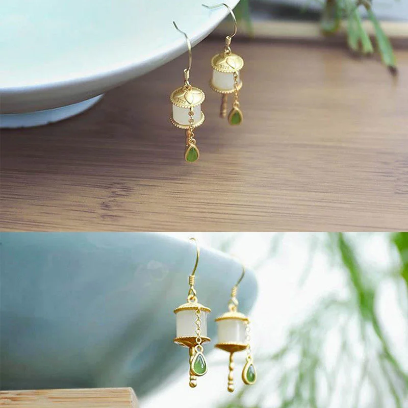 925 Sterling Silver Jade Prayer Wheel Luck Drop Earrings
