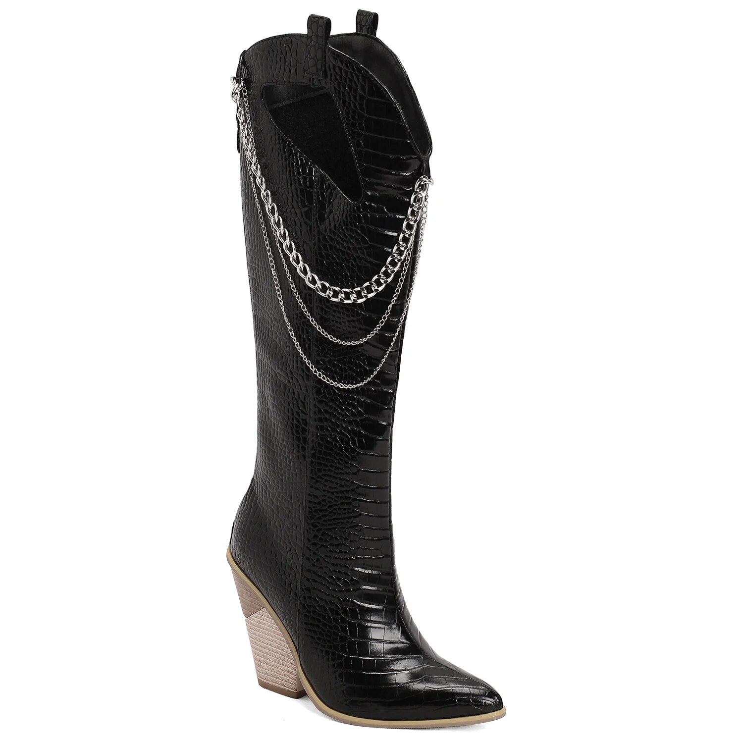 TAAFO High Heel Over Knee Wedge Chain Ladies High Heels Pointed Toe Boots Ladies Shoes Plus Size 40 41