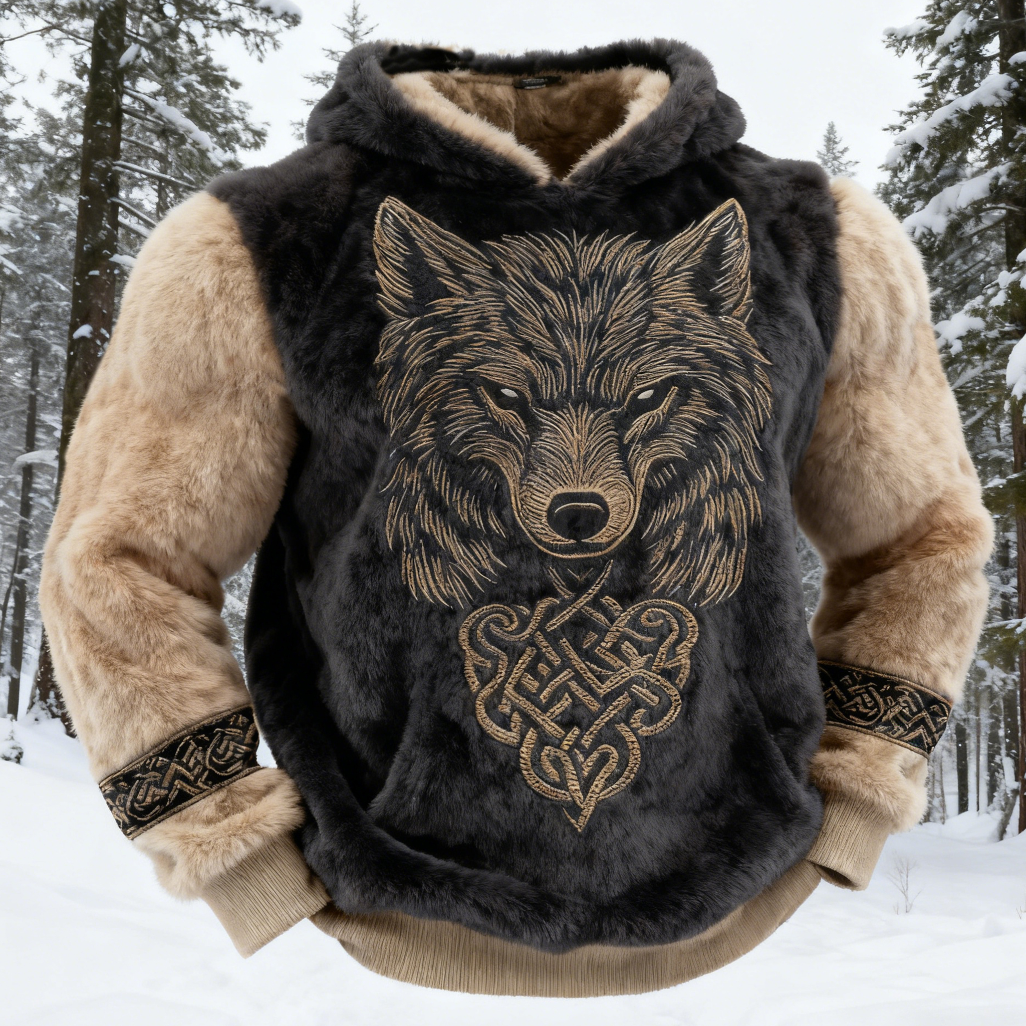 Men's Viking Wolf Celtic Art Flannel Cozy Warm Hoodie elevenforest