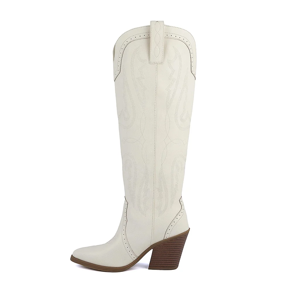 White Pointed Toe Embroidered Knee High Pull On Westren Boots