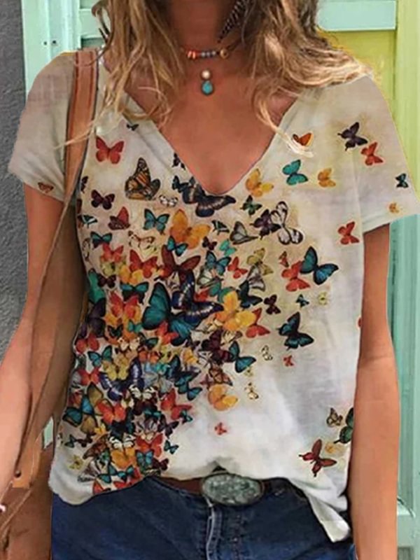Artwishers Butterfly Printed V-Neck Tee
