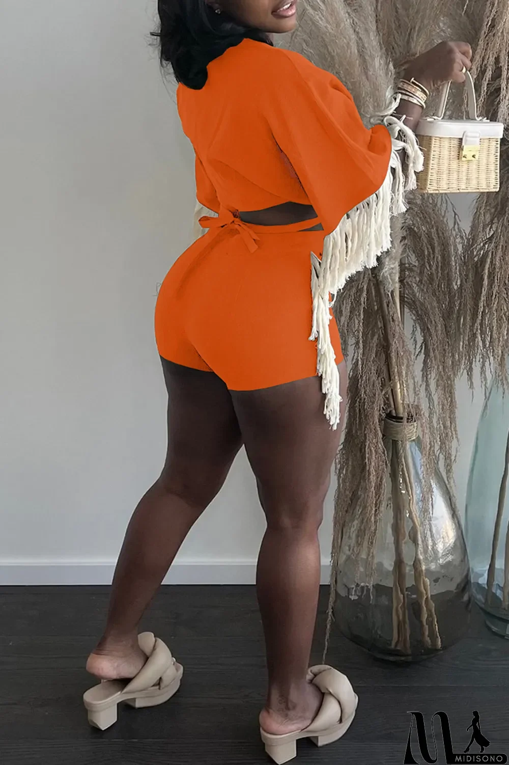 MidiSono - Orange Fashion Casual Solid Tassel Split Joint Frenulum V Neck Half Sleeve Two Pieces