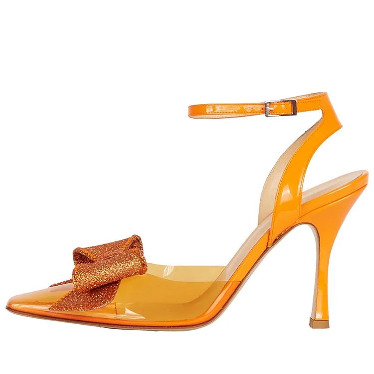 Orange Closed Pointed Toe Ankle Strap Pumps Glitter Bow Clear Heels |FSJ Shoes