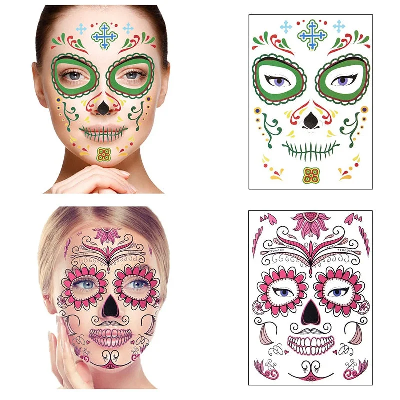 Day of the Dead, Skeleton Face Tattoo, 9 Sheets Sugar Skull, Glitter Red Roses Day of the Dead Sugar Skull Temporary Face Tattoo
