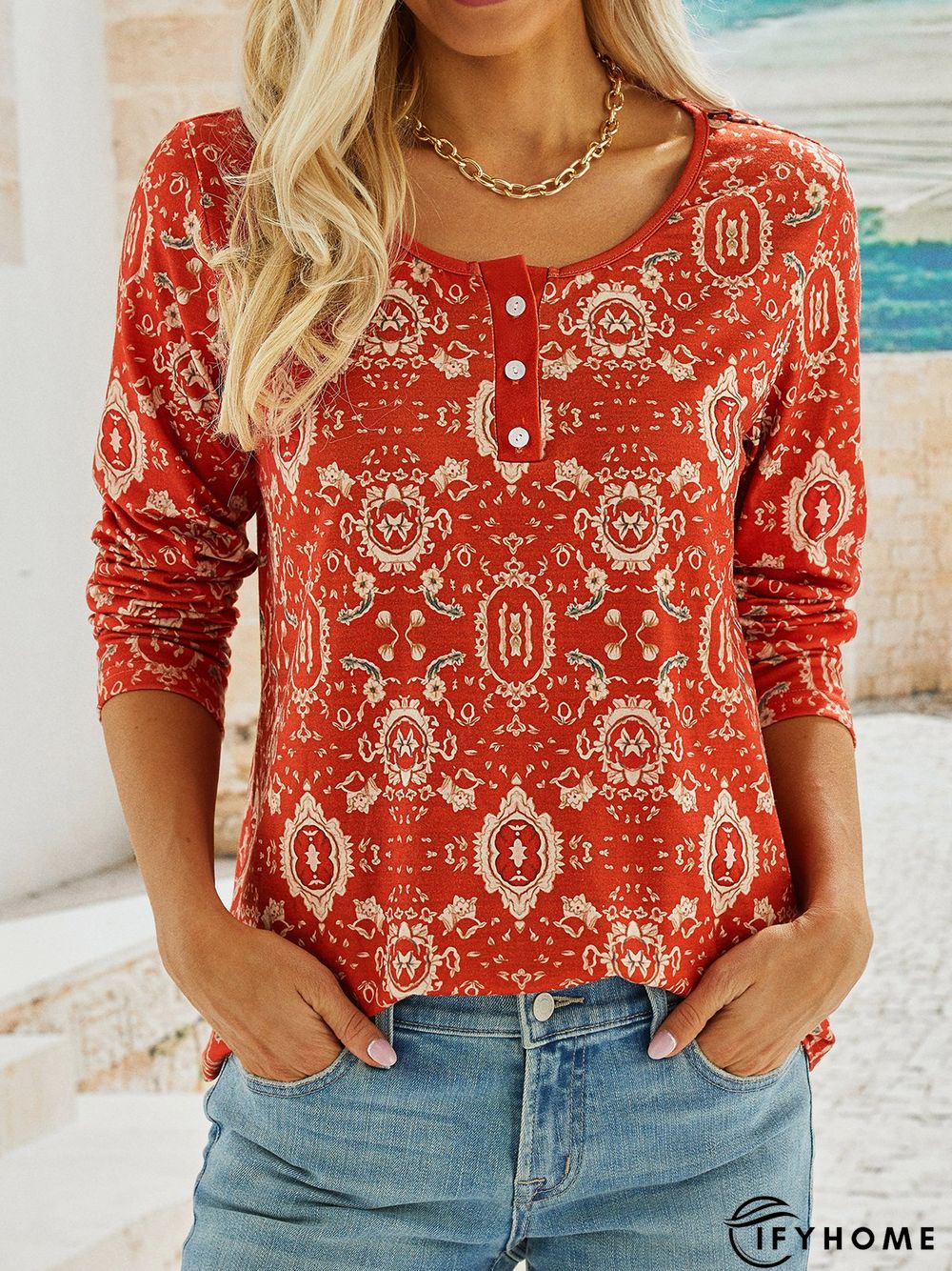 Vintage Printed Long Sleeve Loose T-Shirt | IFYHOME