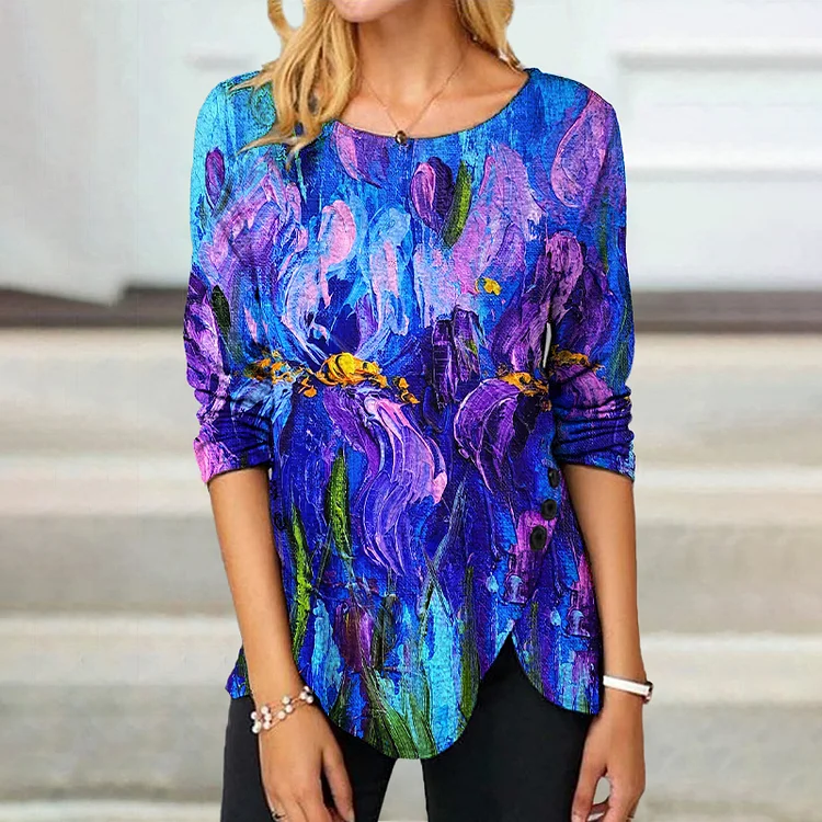 Oil Painting Iris Print Irregular T-Shirt