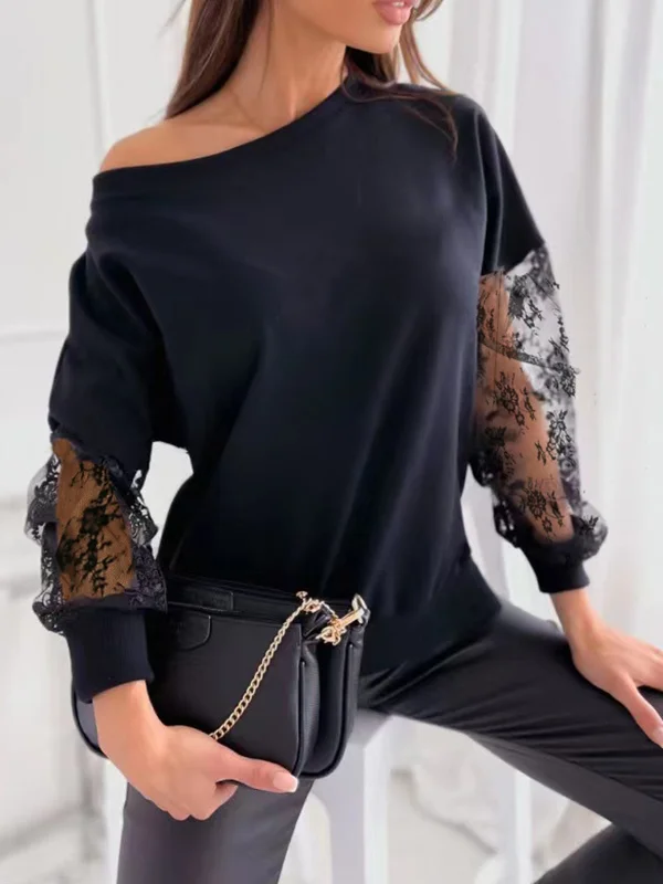 Long Sleeves Loose Mesh Solid Color Split-Joint Round-Neck T-Shirts Tops
