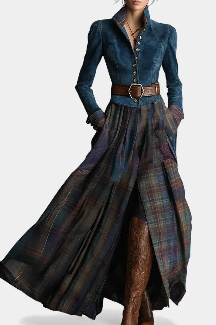 High-Collar Faux Suede Jacket with Plaid Maxi Skirt