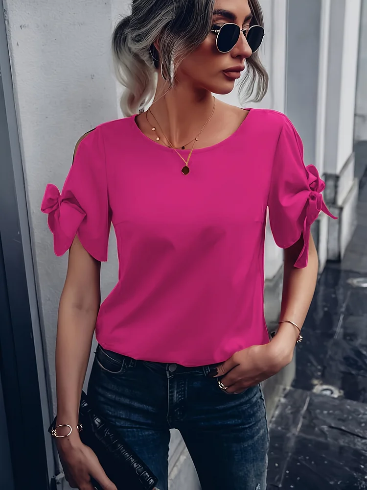Vibrant Solid Color Crew Neck Blouse With Elegant Bow Decor - Flattering Spring & Summer Essential For Women - Classic Comfortable Clothing With Relaxed Fit