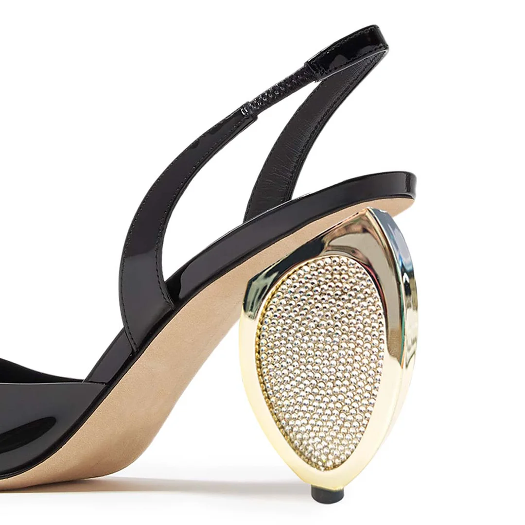 Patent Leather Decorative Heel Pointed Toe Slingback Pumps in Black