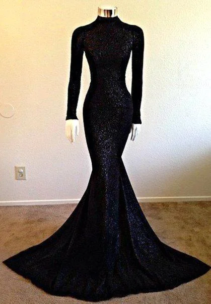 Elegant Black Sequins Long Sleeves Prom Dress Mermaid Long - lulusllly