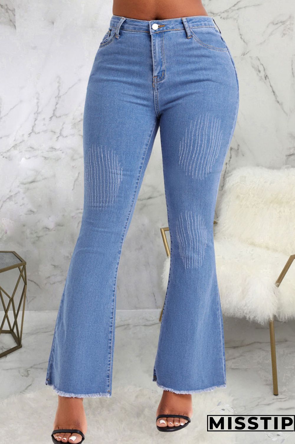 Blue Casual Solid Patchwork High Waist Denim Jeans