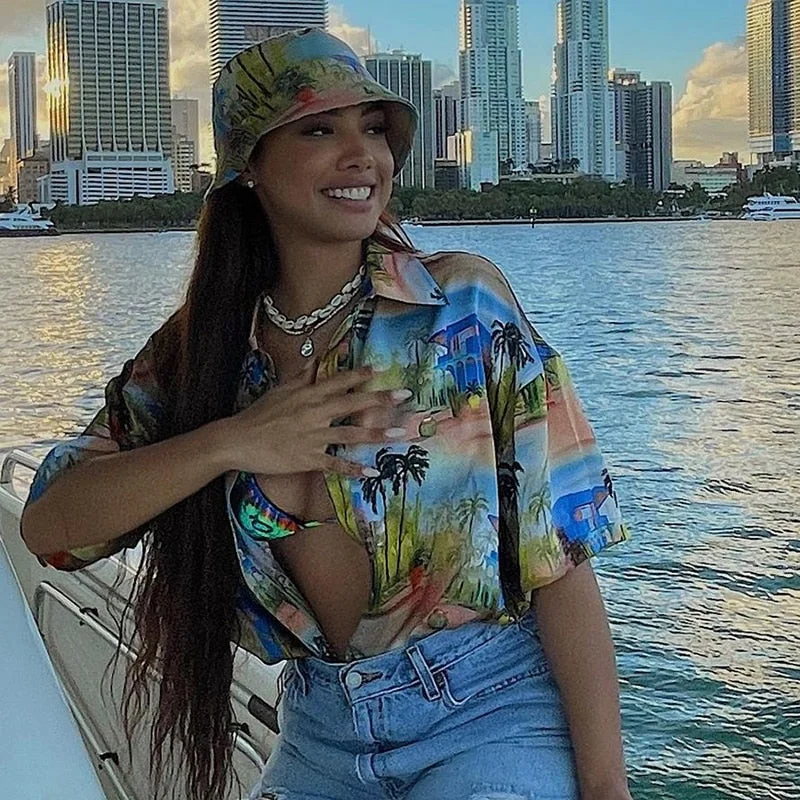 BIIKPIIK Summer Beach Tops For Women Single Button Short Sleeved Oversize Tshirts Casual Printing Turn-down Collar Loose Blouses