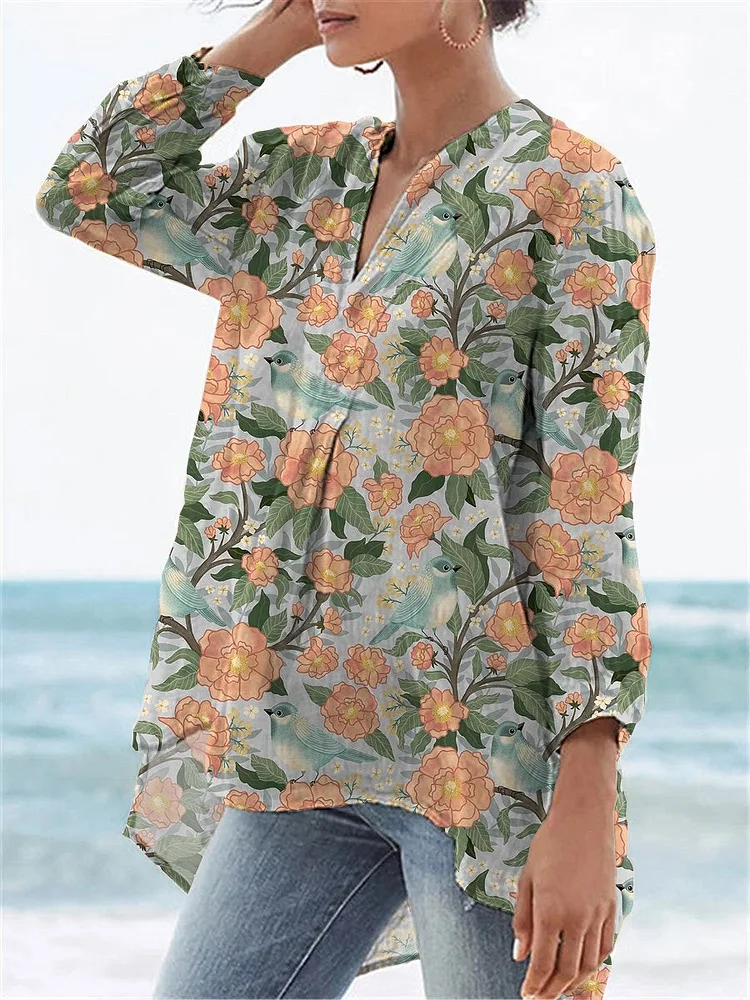 Birds And Spring Floral Bush Pattern Printed Women's Casual Linen V-neck Shirt