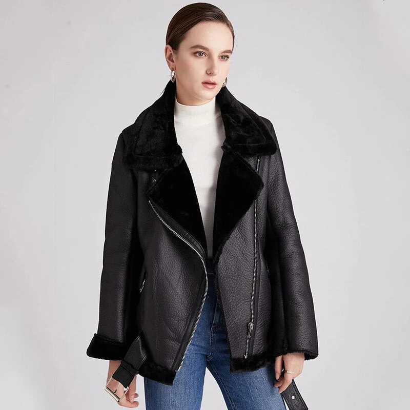 Ailegogo New Women Winter Lambs Wool Parkas Fur Collar Zipper Jacket Warm Thick Outerwear Faux Lamb Leather Coat Moto Outwear
