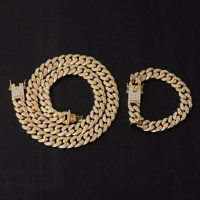 Iced Out Paved Rhinestones 1Set Gold Color Full Miami Cuban Chain-Mayoulove