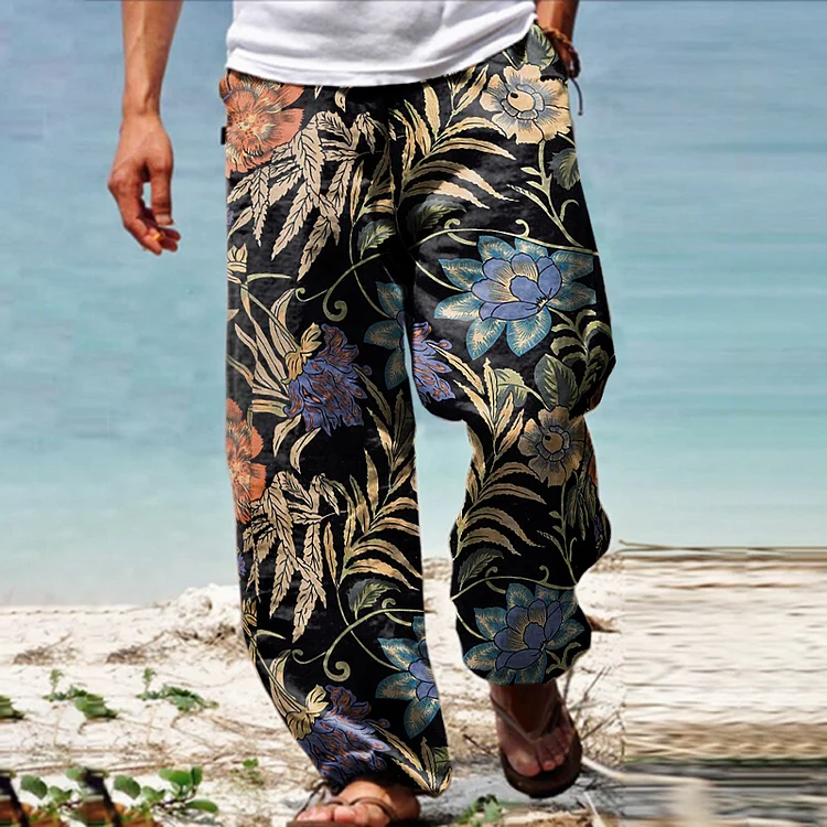 Men's Linen Western Ethnic Irregular Boho Print Double Pocket Stretch Loose Pants db4d