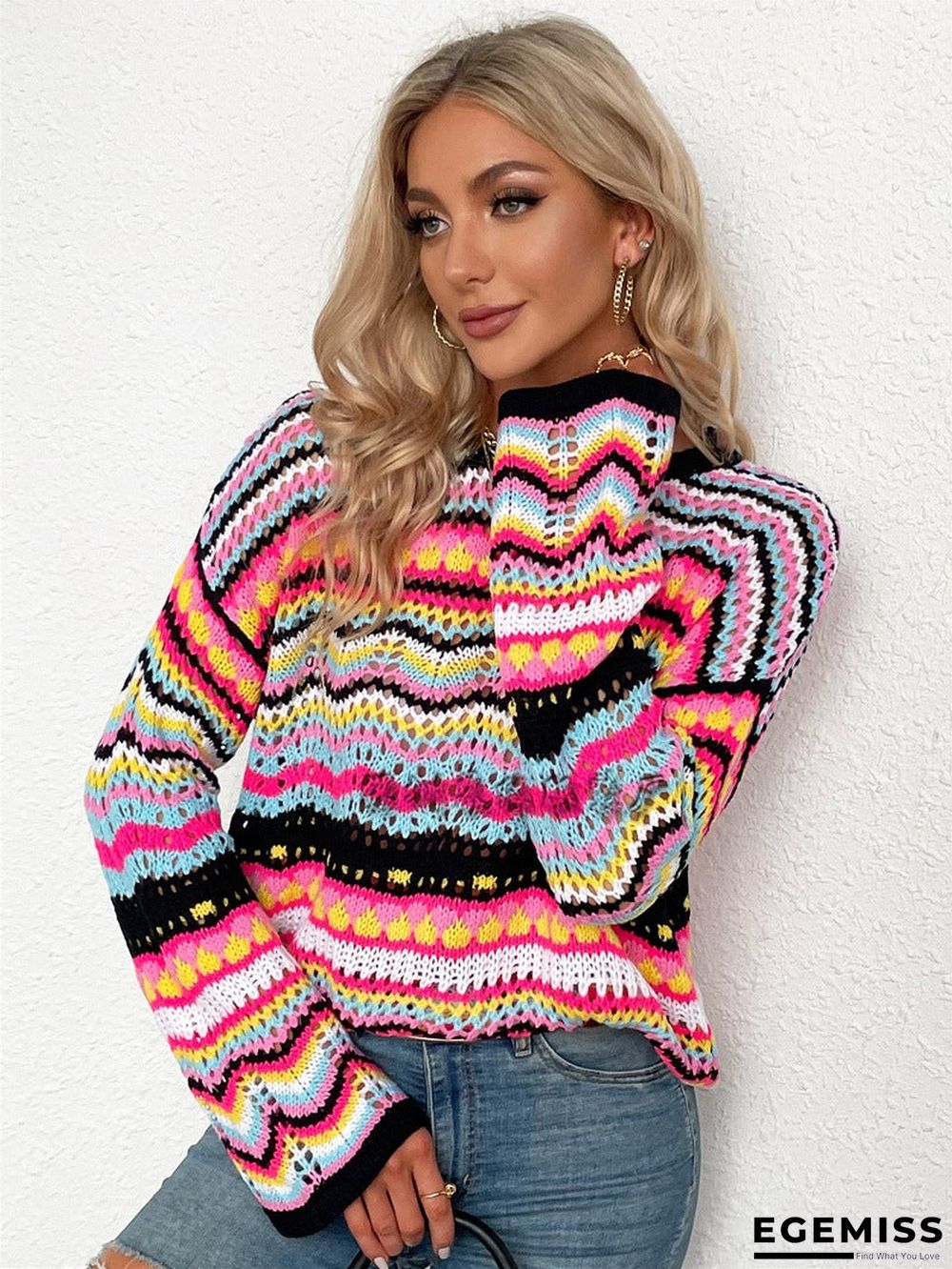 Autumn/Winter's New Stitched Loose-fitting Round-neck Striped Sweater | EGEMISS