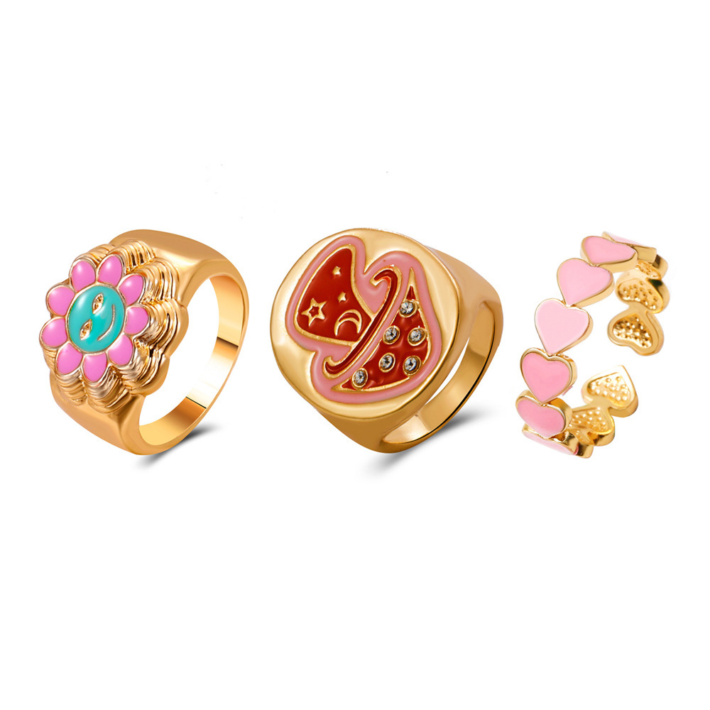Drip Oil Mushroom Sun Heart Gold Plated Rings Set of 3