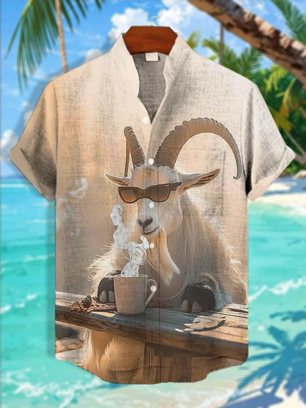 Men's Goat Drinking Coffee Art Print Casual Shirt