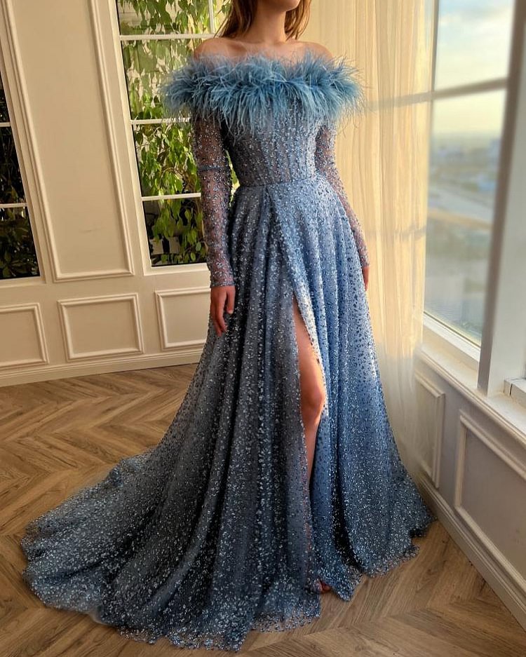 feather neckline sequined maxi dress gown