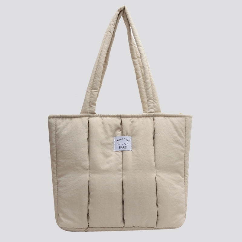 Cotton-filled Soft Waxy Tote Bag Female College Students Class Shoulder Bag Work Commuter Portable Large Bag Nylon Cloth Bag