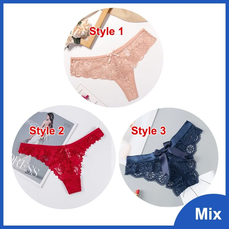 Sexy Lace String Transparent Panties Women Bow Thong Low Waist Underwear Female Fashion Hollow Out 3 Styles Mix G String