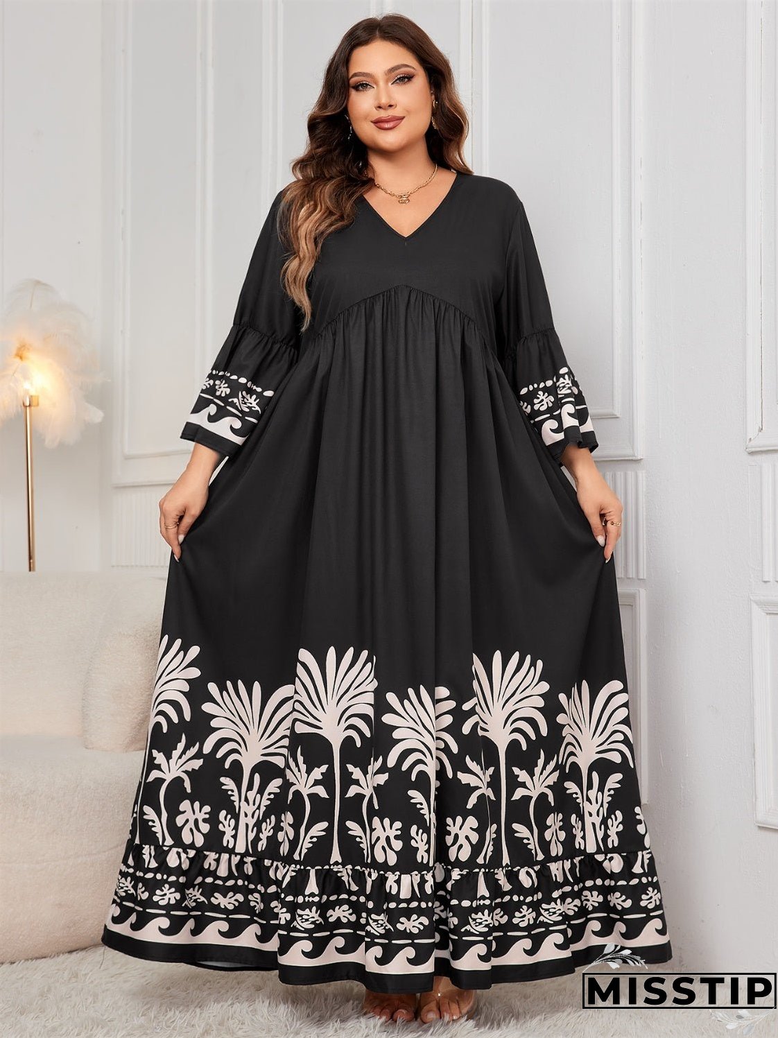 Plus Size Printed V-Neck Long Sleeve Maxi Dress