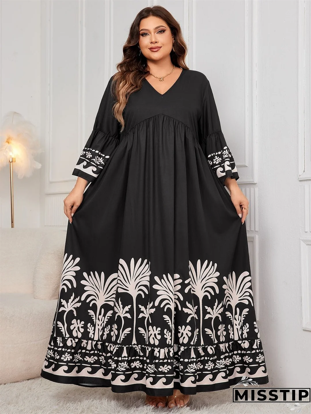 Plus Size Printed V-Neck Long Sleeve Maxi Dress