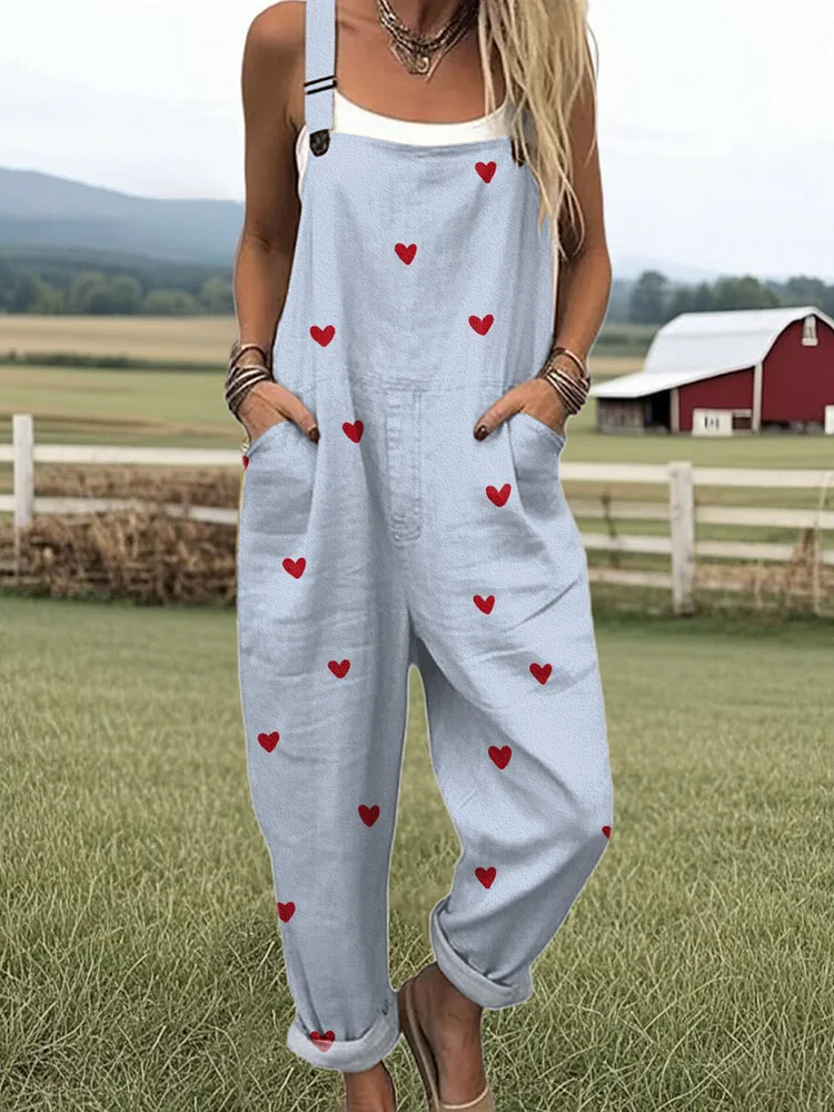 Women's Valentine's Day Love Art Print Casual 100% Cotton Wide Leg Jumpsuit socialshop