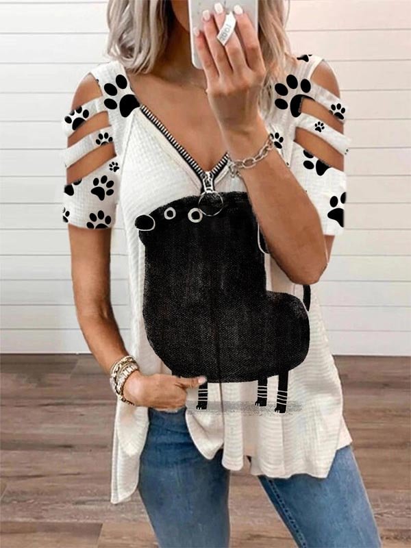 Artwishers Cute Black Dog Cutout Short Sleeve Zipper Tee