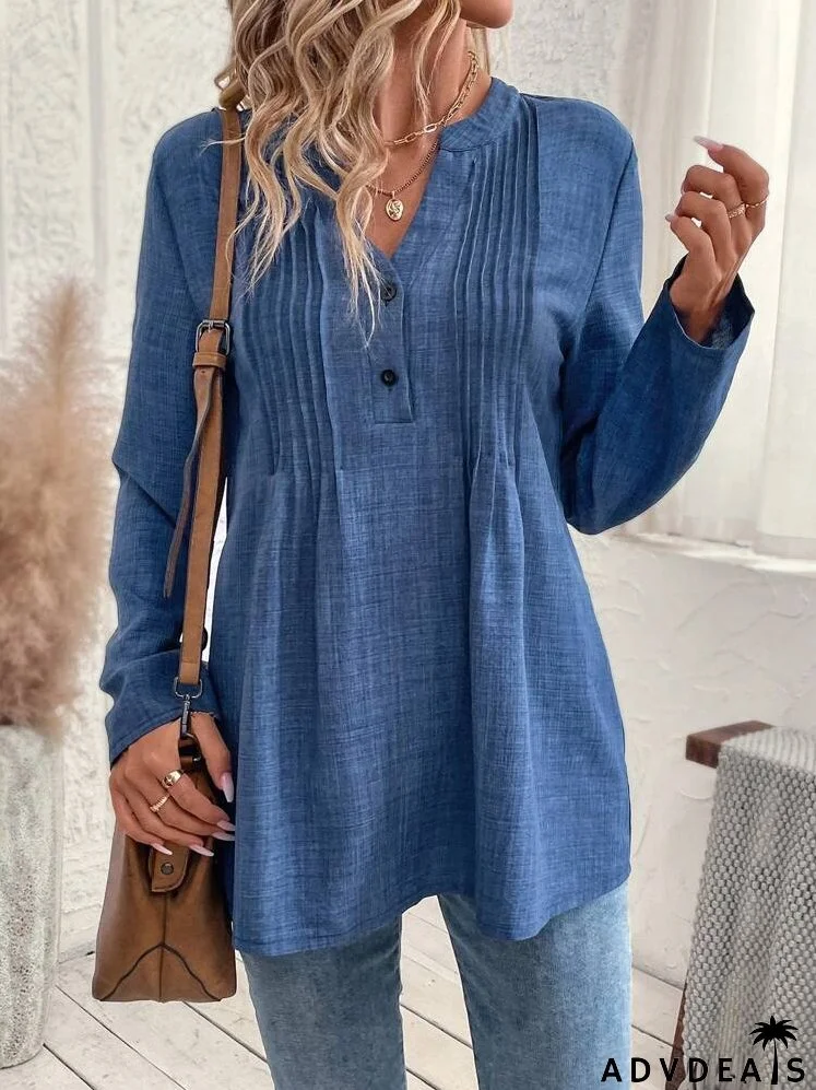 Women Casual Notched Collar Button Half Placket Long Sleeve Blouse, For Autumn