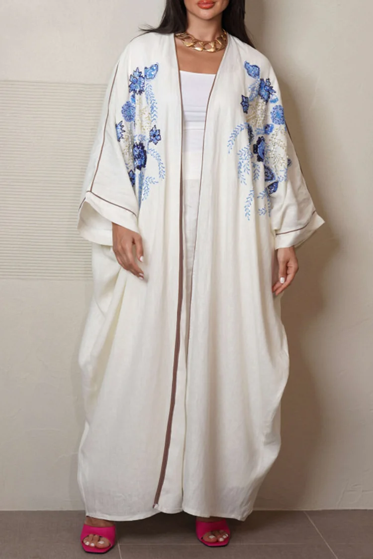 Floral Embroidery Contrast Color Long Sleeve Abaya Long Cardigan