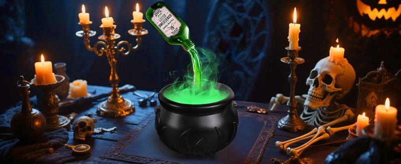 Product Introduction of Halloween Decorations Indoor - Cauldron Halloween Decor with Magic Floating Potion Bottles and Diffuser - Black Plastic Witches Bowl Hocus Pocus Party Decoration for Spooky Vintage Home Kitchen Table. Well Soon Gift 1