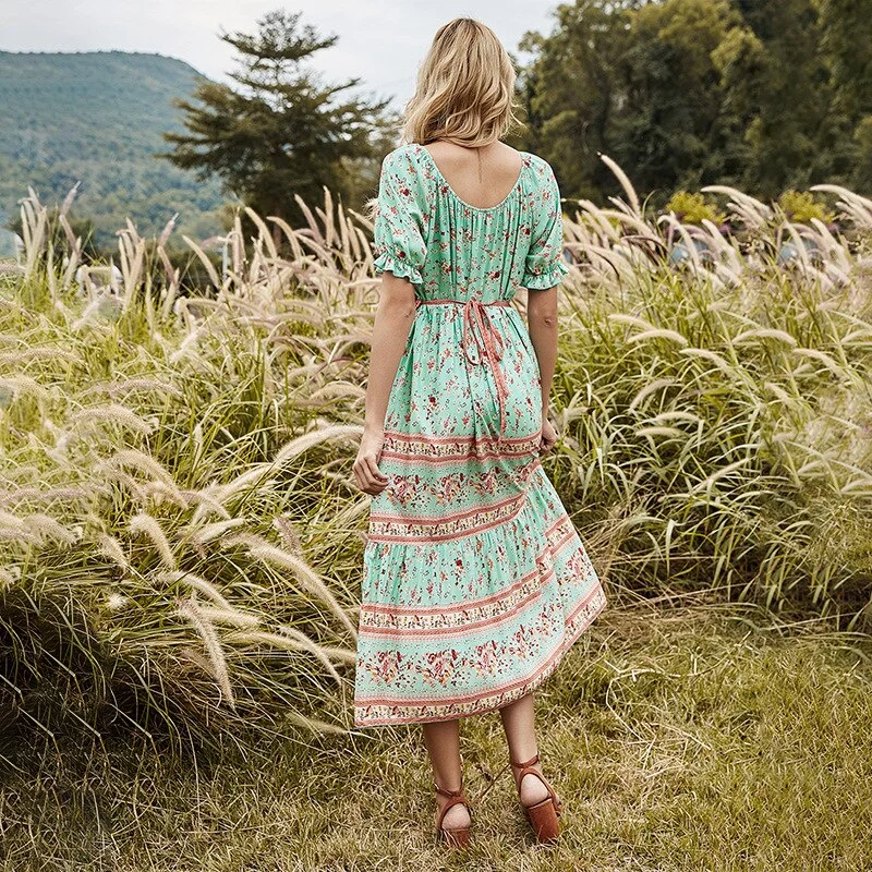 Bohemian Print Maxi Dress Women Short Sleeve Backless Sexy Beach Dresses Woman High Waist Boho Dress Sumer Vestido De Mujer