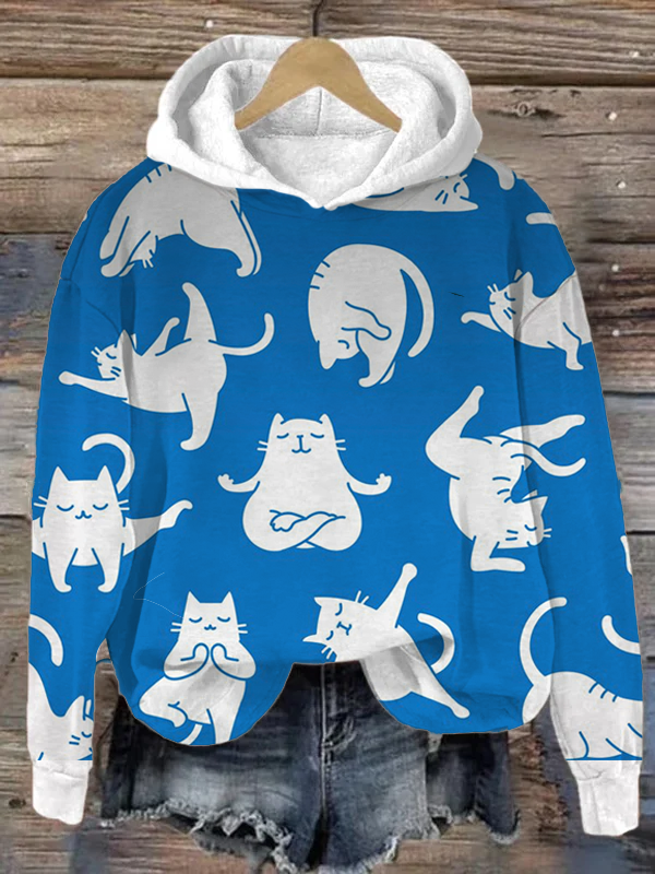 Women's Funny Cats Yoga Pose Graphic Print Pullover Hoodie