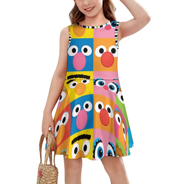 Funny Sesame Print Character Eyes Faces Sleeveless Tank Play Dress Girls Basic A Line Twirly Skater Dress - Heather Prints Shirts