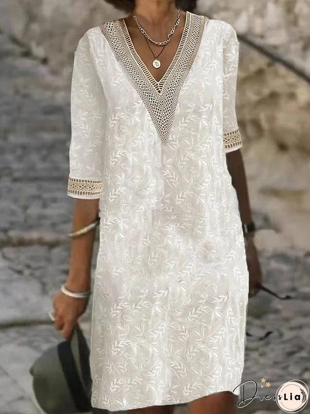 Casual Dress Cotton Linen Dress Shift Dress Midi Dress Cotton Blend Fashion Modern Outdoor Daily V Neck Patchwork Jacquard 3/4 Length Sleeve Summer Spring Fall Regular Fit Apricot Leaf for Women
