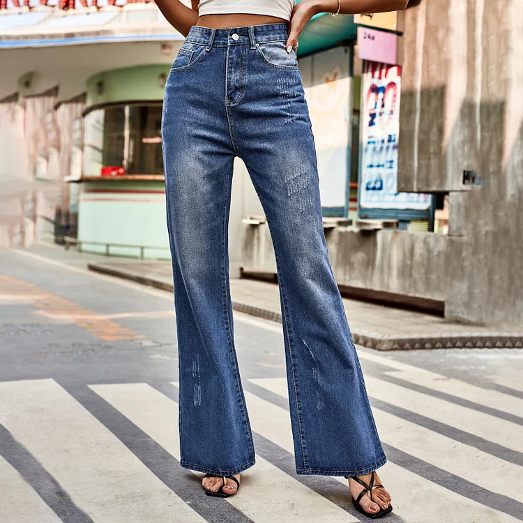 Women's Mid Waist Washed Bootstrap Denim Trousers Casual Pants Flusfy