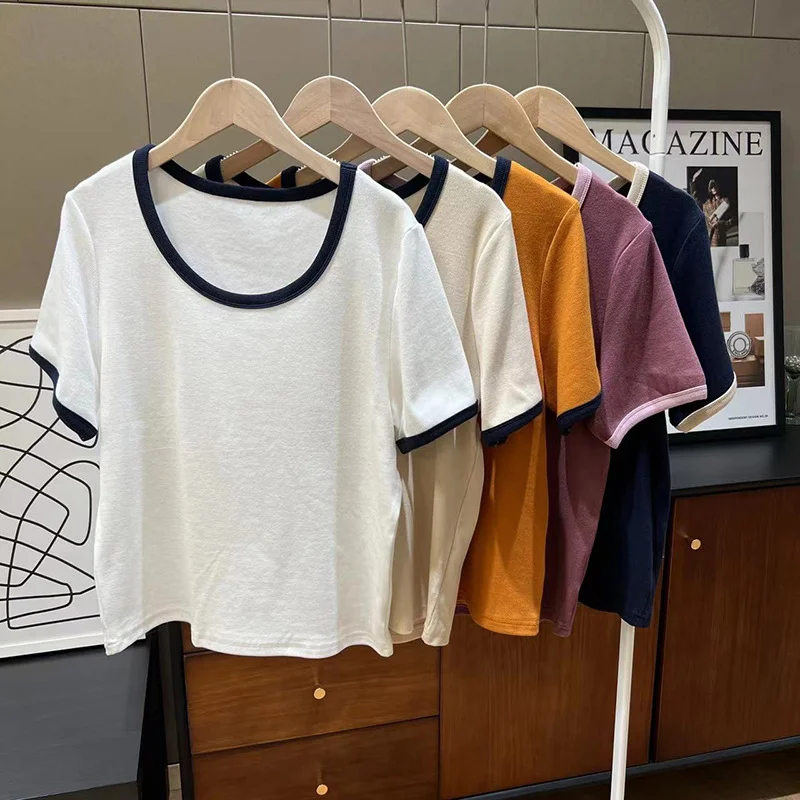 Wongn Color Threaded Round Collar Short-Sleeved T-Shirt Women's New Slim And Unique Chic Blouse In Spring And Summer