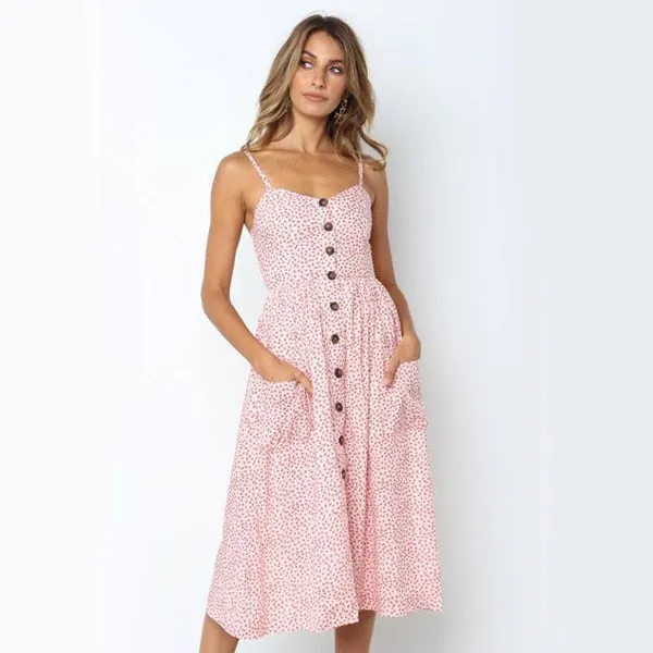 Button Striped Print Cotton Casual Beach Summer Dress Sexy Spaghetti Strap Pockets V-neck Off Shoulder Women Midi Dress Vestidos