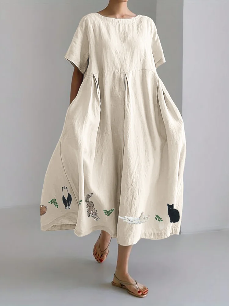 Cats & Leaves Embroidered Linen Blend Maxi Dress